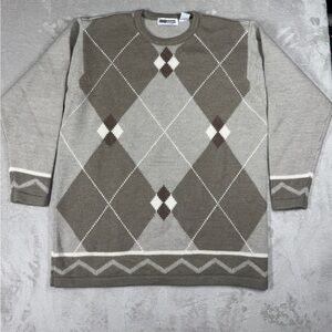 Vintage Liz Claiborne Merino Wool Cashmere Blend Argyle Knit Tan Cream Sweater M